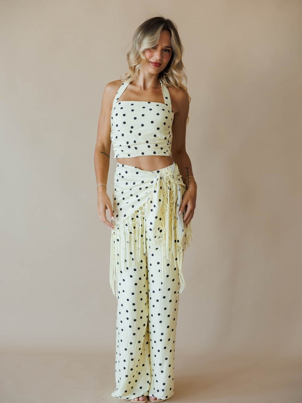 Polka Dot Halter Crop Top & Wide-Leg Jumpsuit Set - Yellow